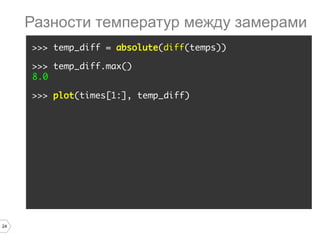 24
>>> temp_diff = absolute(diff(temps))
>>> temp_diff.max()
8.0
>>> plot(times[1:], temp_diff)
Разности температур между замерами
 