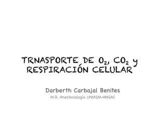 TRNASPORTE DE O2, CO2 y
RESPIRACIÓN CELULAR
Darberth Carbajal Benites
M.R. Anestesiología UNMSM-HNGAI
 