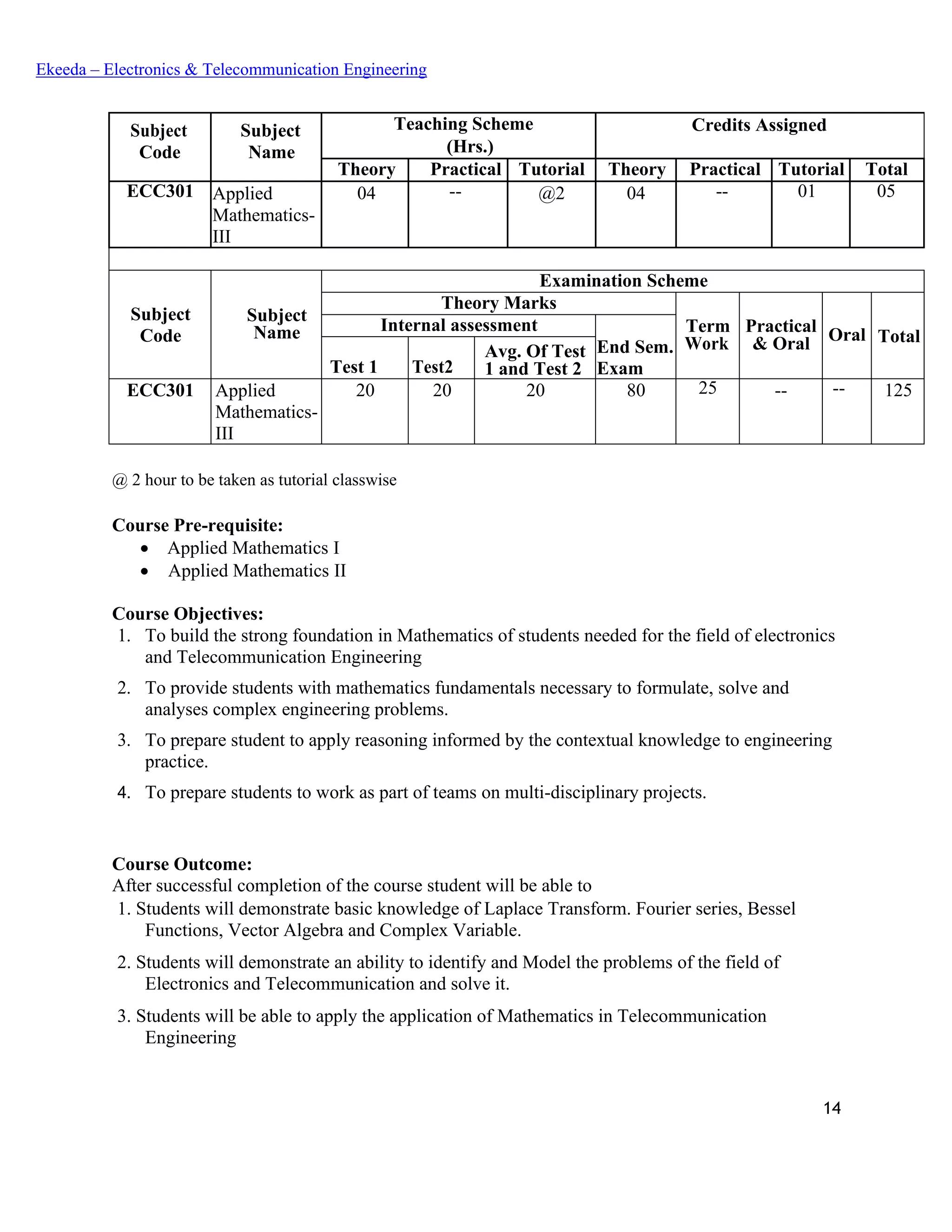 14
Ekeeda – Electronics & Telecommunication Engineering
Subject
Code
Subject
Name
Teaching Scheme Credits Assigned
(Hrs.)
Theory Practical Tutorial Theory Practical Tutorial Total
ECC301 Applied
Mathematics-
III
04 -- @2 04 -- 01 05
Subject
Code
Subject
Name
Examination Scheme
Theory Marks
Term
Work
Practical
& Oral Oral Total
Internal assessment
End Sem.
ExamTest 1 Test2
Avg. Of Test
1 and Test 2
ECC301 Applied
Mathematics-
III
20 20 20 80 25 -- -- 125
@ 2 hour to be taken as tutorial classwise
Course Pre-requisite:
• Applied Mathematics I
• Applied Mathematics II
Course Objectives:
1. To build the strong foundation in Mathematics of students needed for the field of electronics
and Telecommunication Engineering
2. To provide students with mathematics fundamentals necessary to formulate, solve and
analyses complex engineering problems.
3. To prepare student to apply reasoning informed by the contextual knowledge to engineering
practice.
4. To prepare students to work as part of teams on multi-disciplinary projects.
Course Outcome:
After successful completion of the course student will be able to
 Students will demonstrate basic knowledge of Laplace Transform. Fourier series, Bessel
Functions, Vector Algebra and Complex Variable.
 Students will demonstrate an ability to identify and Model the problems of the field of
Electronics and Telecommunication and solve it.
 Students will be able to apply the application of Mathematics in Telecommunication
Engineering
 