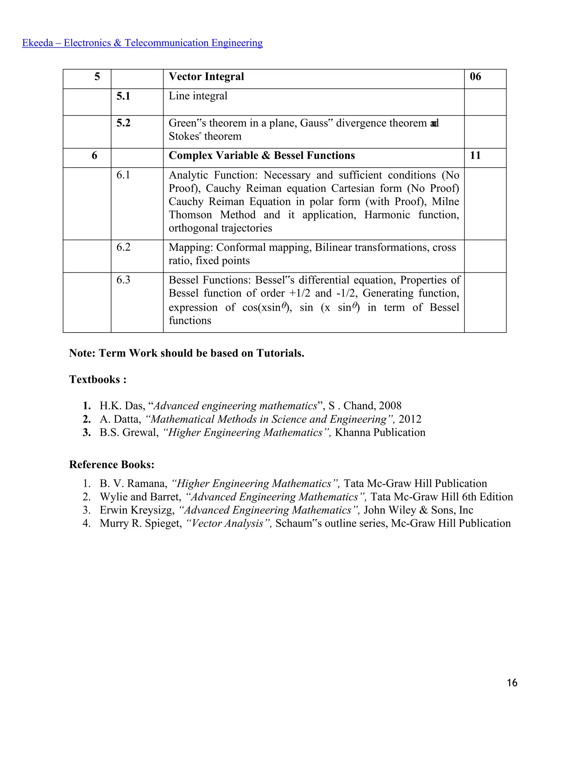 16
Ekeeda – Electronics & Telecommunication Engineering
5 Vector Integral 06
5.1 Line integral
5.2 Green‟s theorem in a plane, Gauss‟ divergence theorem and
Stokes‟ theorem
6 Complex Variable & Bessel Functions 11
6.1 Analytic Function: Necessary and sufficient conditions (No
Proof), Cauchy Reiman equation Cartesian form (No Proof)
Cauchy Reiman Equation in polar form (with Proof), Milne
Thomson Method and it application, Harmonic function,
orthogonal trajectories
6.2 Mapping: Conformal mapping, Bilinear transformations, cross
ratio, fixed points
6.3 Bessel Functions: Bessel‟s differential equation, Properties of
Bessel function of order +1/2 and -1/2, Generating function,
expression of cos(xsin), sin (x sin) in term of Bessel
functions
Note: Term Work should be based on Tutorials.
Textbooks :
1. H.K. Das, “Advanced engineering mathematics”, S . Chand, 2008
2. A. Datta, “Mathematical Methods in Science and Engineering”, 2012
3. B.S. Grewal, “Higher Engineering Mathematics”, Khanna Publication
Reference Books:
1. B. V. Ramana, “Higher Engineering Mathematics”, Tata Mc-Graw Hill Publication
2. Wylie and Barret, “Advanced Engineering Mathematics”, Tata Mc-Graw Hill 6th Edition
3. Erwin Kreysizg, “Advanced Engineering Mathematics”, John Wiley & Sons, Inc
4. Murry R. Spieget, “Vector Analysis”, Schaum‟s outline series, Mc-Graw Hill Publication
 