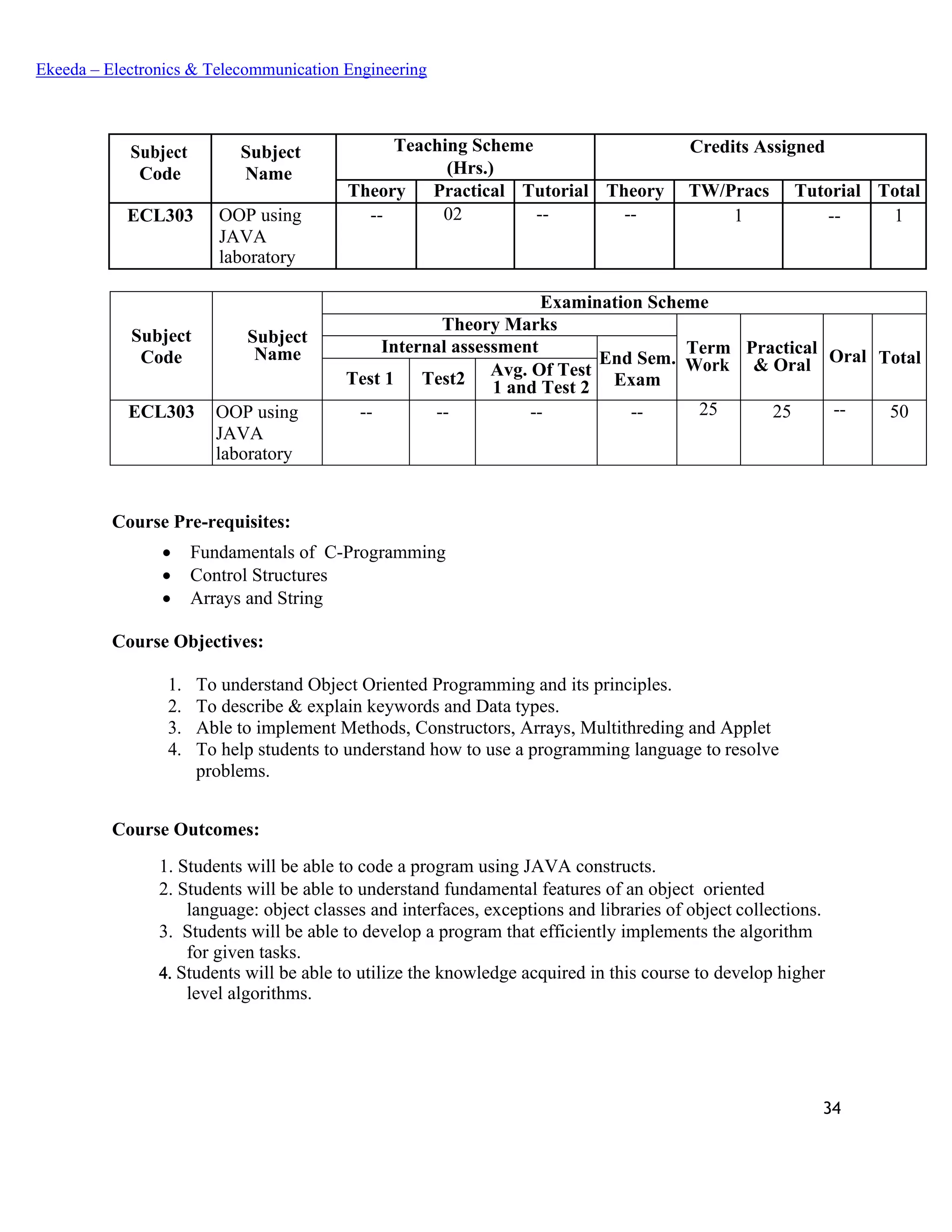 34
Ekeeda – Electronics & Telecommunication Engineering
Subject
Code
Subject
Name
Teaching Scheme Credits Assigned
(Hrs.)
Theory Practical Tutorial Theory TW/Pracs Tutorial Total
ECL303 OOP using
JAVA
laboratory
-- 02 -- -- 1 -- 1
Subject
Code
Subject
Name
Examination Scheme
Theory Marks
Term
Work
Practical
& Oral Oral Total
Internal assessment
End Sem.
ExamTest 1 Test2 Avg. Of Test
1 and Test 2
ECL303 OOP using
JAVA
laboratory
-- -- -- -- 25 25 -- 50
Course Pre-requisites:
• Fundamentals of C-Programming
• Control Structures
• Arrays and String
Course Objectives:
1. To understand Object Oriented Programming and its principles.
2. To describe & explain keywords and Data types.
3. Able to implement Methods, Constructors, Arrays, Multithreding and Applet
4. To help students to understand how to use a programming language to resolve
problems.
Course Outcomes:
 Students will be able to code a program using JAVA constructs.
 Students will be able to understand fundamental features of an object oriented
language: object classes and interfaces, exceptions and libraries of object collections.
 Students will be able to develop a program that efficiently implements the algorithm
for given tasks.
 Students will be able to utilize the knowledge acquired in this course to develop higher
level algorithms.
 
