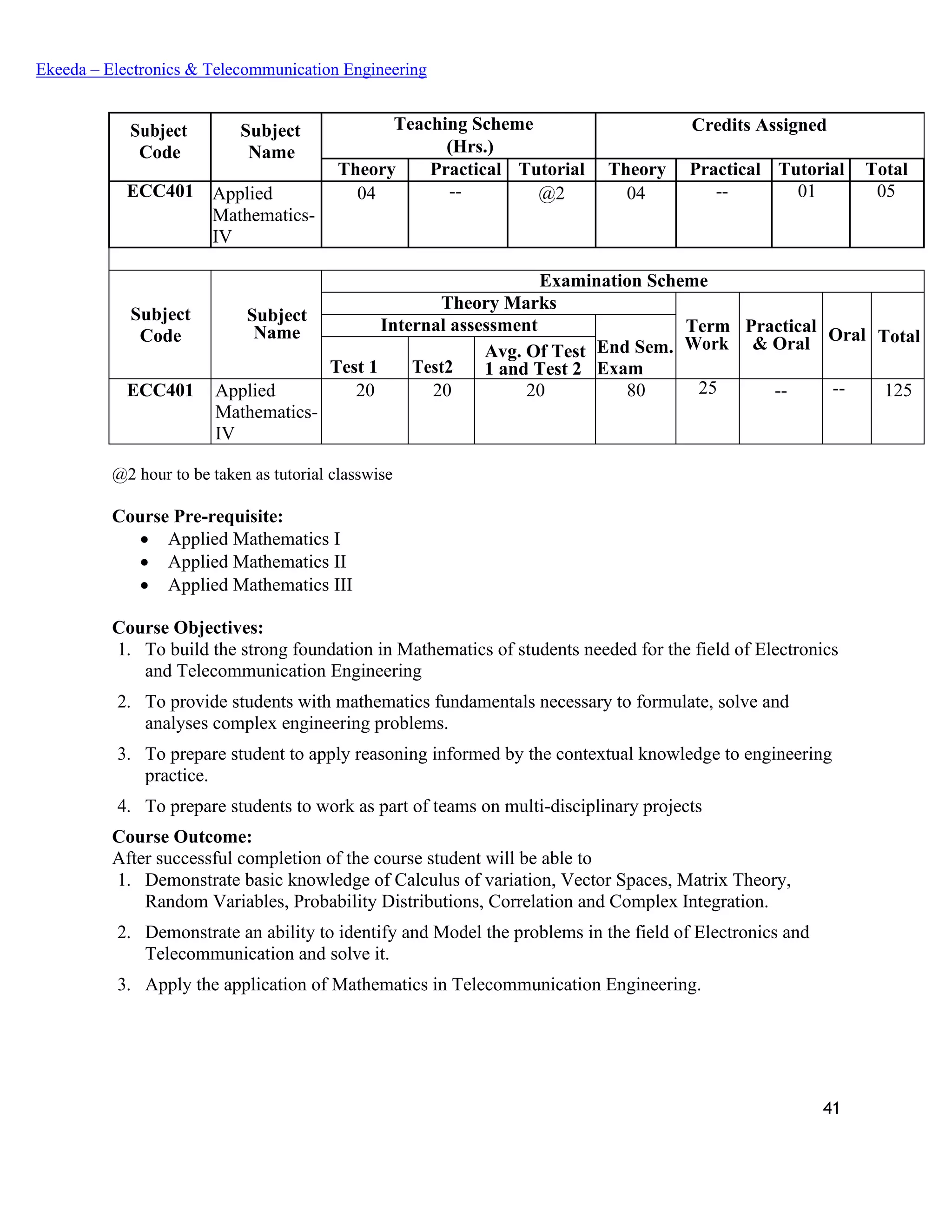 41
Ekeeda – Electronics & Telecommunication Engineering
Subject
Code
Subject
Name
Teaching Scheme Credits Assigned
(Hrs.)
Theory Practical Tutorial Theory Practical Tutorial Total
ECC401 Applied
Mathematics-
IV
04 -- @2 04 -- 01 05
Subject
Code
Subject
Name
Examination Scheme
Theory Marks
Term
Work
Practical
& Oral Oral Total
Internal assessment
End Sem.
ExamTest 1 Test2
Avg. Of Test
1 and Test 2
ECC401 Applied
Mathematics-
IV
20 20 20 80 25 -- -- 125
@2 hour to be taken as tutorial classwise
Course Pre-requisite:
• Applied Mathematics I
• Applied Mathematics II
• Applied Mathematics III
Course Objectives:
1. To build the strong foundation in Mathematics of students needed for the field of Electronics
and Telecommunication Engineering
2. To provide students with mathematics fundamentals necessary to formulate, solve and
analyses complex engineering problems.
3. To prepare student to apply reasoning informed by the contextual knowledge to engineering
practice.
4. To prepare students to work as part of teams on multi-disciplinary projects
Course Outcome:
After successful completion of the course student will be able to
1. Demonstrate basic knowledge of Calculus of variation, Vector Spaces, Matrix Theory,
Random Variables, Probability Distributions, Correlation and Complex Integration.
2. Demonstrate an ability to identify and Model the problems in the field of Electronics and
Telecommunication and solve it.
3. Apply the application of Mathematics in Telecommunication Engineering.
 