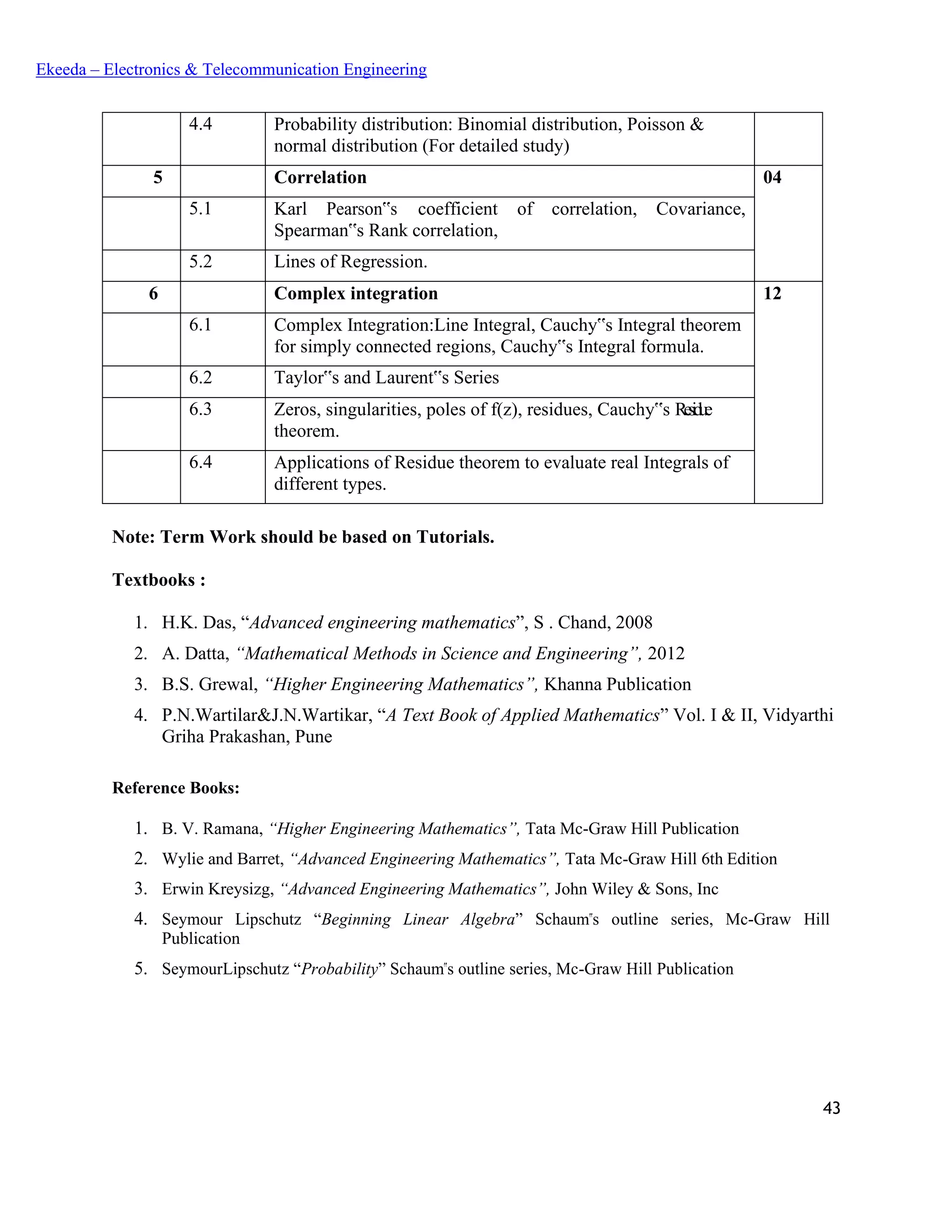 43
Ekeeda – Electronics & Telecommunication Engineering
4.4 Probability distribution: Binomial distribution, Poisson &
normal distribution (For detailed study)
5 Correlation 04
5.1 Karl Pearson‟s coefficient of correlation, Covariance,
Spearman‟s Rank correlation,
5.2 Lines of Regression.
6 Complex integration 12
6.1 Complex Integration:Line Integral, Cauchy‟s Integral theorem
for simply connected regions, Cauchy‟s Integral formula.
6.2 Taylor‟s and Laurent‟s Series
6.3 Zeros, singularities, poles of f(z), residues, Cauchy‟s Residue
theorem.
6.4 Applications of Residue theorem to evaluate real Integrals of
different types.
Note: Term Work should be based on Tutorials.
Textbooks :
1. H.K. Das, “Advanced engineering mathematics”, S . Chand, 2008
2. A. Datta, “Mathematical Methods in Science and Engineering”, 2012
3. B.S. Grewal, “Higher Engineering Mathematics”, Khanna Publication
4. P.N.Wartilar&J.N.Wartikar, “A Text Book of Applied Mathematics” Vol. I & II, Vidyarthi
Griha Prakashan, Pune
Reference Books:
1. B. V. Ramana, “Higher Engineering Mathematics”, Tata Mc-Graw Hill Publication
2. Wylie and Barret, “Advanced Engineering Mathematics”, Tata Mc-Graw Hill 6th Edition
3. Erwin Kreysizg, “Advanced Engineering Mathematics”, John Wiley & Sons, Inc
4. Seymour Lipschutz “Beginning Linear Algebra” Schaum‟s outline series, Mc-Graw Hill
Publication
5. SeymourLipschutz “Probability” Schaum‟s outline series, Mc-Graw Hill Publication
 