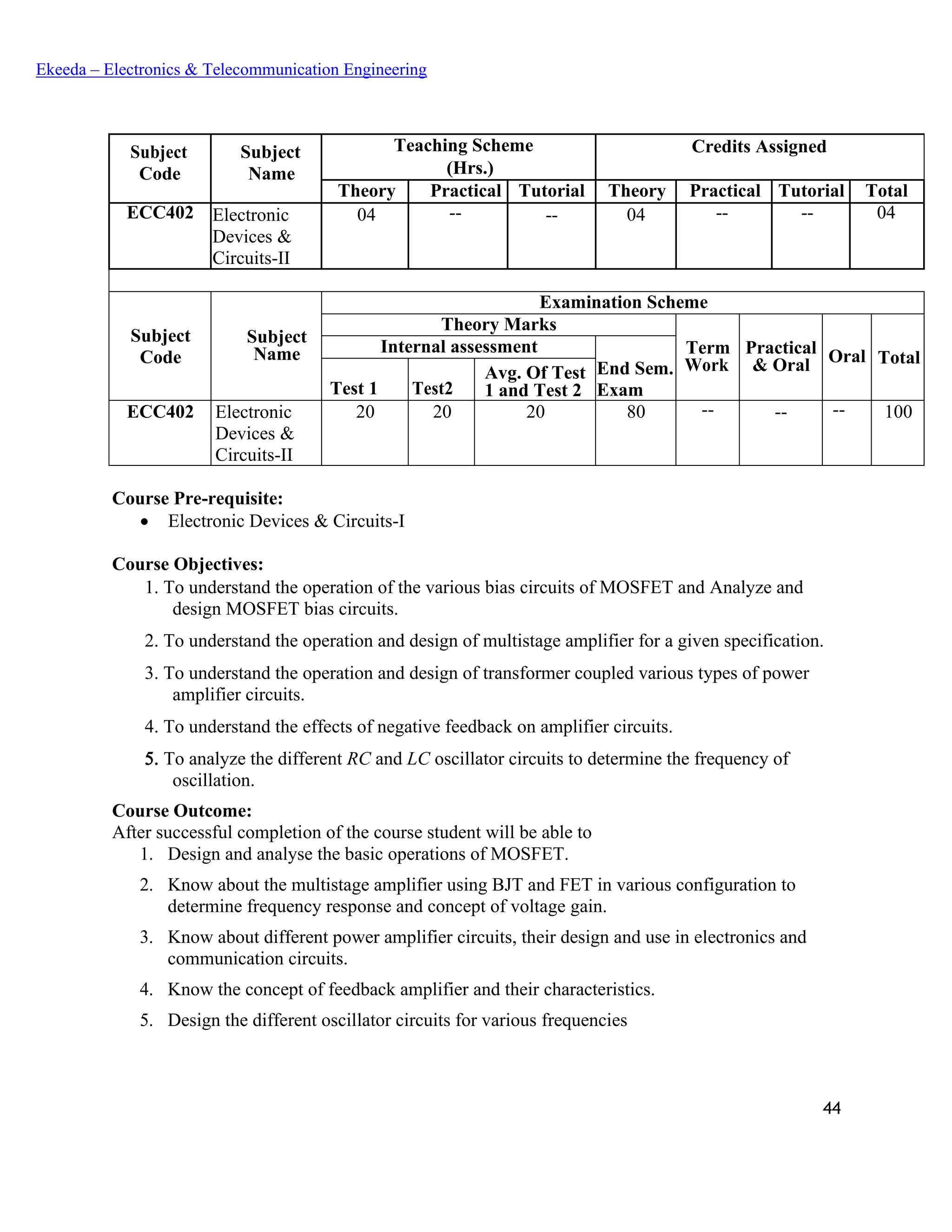 44
Ekeeda – Electronics & Telecommunication Engineering
Subject
Code
Subject
Name
Teaching Scheme Credits Assigned
(Hrs.)
Theory Practical Tutorial Theory Practical Tutorial Total
ECC402 Electronic
Devices &
Circuits-II
04 -- -- 04 -- -- 04
Subject
Code
Subject
Name
Examination Scheme
Theory Marks
Term
Work
Practical
& Oral Oral Total
Internal assessment
End Sem.
ExamTest 1 Test2
Avg. Of Test
1 and Test 2
ECC402 Electronic
Devices &
Circuits-II
20 20 20 80 -- -- -- 100
Course Pre-requisite:
• Electronic Devices & Circuits-I
Course Objectives:
 To understand the operation of the various bias circuits of MOSFET and Analyze and
design MOSFET bias circuits.
 To understand the operation and design of multistage amplifier for a given specification.
 To understand the operation and design of transformer coupled various types of power
amplifier circuits.
 To understand the effects of negative feedback on amplifier circuits.
 To analyze the different RC and LC oscillator circuits to determine the frequency of
oscillation.
Course Outcome:
After successful completion of the course student will be able to
1. Design and analyse the basic operations of MOSFET.
2. Know about the multistage amplifier using BJT and FET in various configuration to
determine frequency response and concept of voltage gain.
3. Know about different power amplifier circuits, their design and use in electronics and
communication circuits.
4. Know the concept of feedback amplifier and their characteristics.
5. Design the different oscillator circuits for various frequencies
 