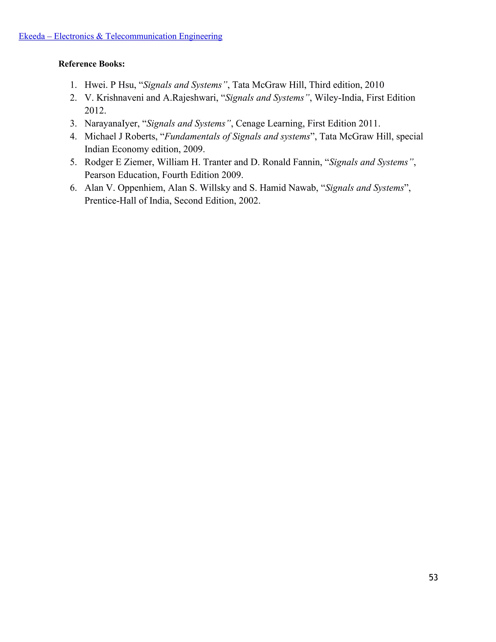 53
Ekeeda – Electronics & Telecommunication Engineering
Reference Books:
1. Hwei. P Hsu, “Signals and Systems”, Tata McGraw Hill, Third edition, 2010
2. V. Krishnaveni and A.Rajeshwari, “Signals and Systems”, Wiley-India, First Edition
2012.
3. NarayanaIyer, “Signals and Systems”, Cenage Learning, First Edition 2011.
4. Michael J Roberts, “Fundamentals of Signals and systems”, Tata McGraw Hill, special
Indian Economy edition, 2009.
5. Rodger E Ziemer, William H. Tranter and D. Ronald Fannin, “Signals and Systems”,
Pearson Education, Fourth Edition 2009.
6. Alan V. Oppenhiem, Alan S. Willsky and S. Hamid Nawab, “Signals and Systems”,
Prentice-Hall of India, Second Edition, 2002.
 