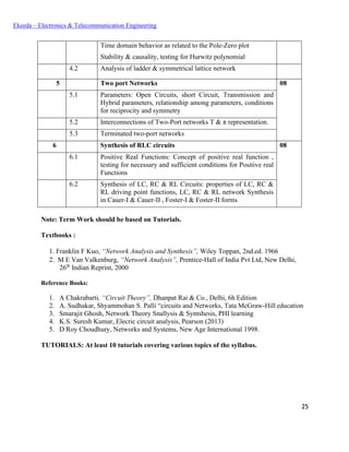 25
Ekeeda – Electronics & Telecommunication Engineering
Time domain behavior as related to the Pole-Zero plot
Stability & causality, testing for Hurwitz polynomial
4.2 Analysis of ladder & symmetrical lattice network
5 Two port Networks 08
5.1 Parameters: Open Circuits, short Circuit, Transmission and
Hybrid parameters, relationship among parameters, conditions
for reciprocity and symmetry
5.2 Interconnections of Two-Port networks T & π representation.
5.3 Terminated two-port networks
6 Synthesis of RLC circuits 08
6.1 Positive Real Functions: Concept of positive real function ,
testing for necessary and sufficient conditions for Positive real
Functions
6.2 Synthesis of LC, RC & RL Circuits: properties of LC, RC &
RL driving point functions, LC, RC & RL network Synthesis
in Cauer-I & Cauer-II , Foster-I & Foster-II forms
Note: Term Work should be based on Tutorials.
Textbooks :
 Franklin F Kuo, “Network Analysis and Synthesis”, Wiley Toppan, 2nd.ed. 1966
 M E Van Valkenburg, “Network Analysis”, Prentice-Hall of India Pvt Ltd, New Delhi,
26th
Indian Reprint, 2000
Reference Books:
1. A Chakrabarti, “Circuit Theory”, Dhanpat Rai & Co., Delhi, 6h Edition
2. A. Sudhakar, Shyammohan S. Palli “circuits and Networks, Tata McGraw-Hill education
3. Smarajit Ghosh, Network Theory Snallysis & Syntshesis, PHI learning
4. K.S. Suresh Kumar, Elecric circuit analysis, Pearson (2013)
5. D Roy Choudhury, Networks and Systems, New Age International 1998.
TUTORIALS: At least 10 tutorials covering various topics of the syllabus.
 