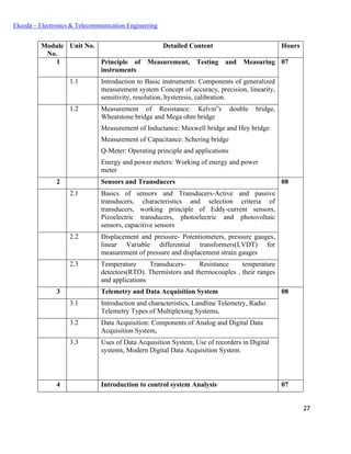 27
Ekeeda – Electronics & Telecommunication Engineering
Module
No.
Unit No. Detailed Content Hours
1 Principle of Measurement, Testing and Measuring
instruments
07
1.1 Introduction to Basic instruments: Components of generalized
measurement system Concept of accuracy, precision, linearity,
sensitivity, resolution, hysteresis, calibration.
1.2 Measurement of Resistance: Kelvin‟s double bridge,
Wheatstone bridge and Mega ohm bridge
Measurement of Inductance: Maxwell bridge and Hey bridge
Measurement of Capacitance: Schering bridge
Q-Meter: Operating principle and applications
Energy and power meters: Working of energy and power
meter
2 Sensors and Transducers 08
2.1 Basics of sensors and Transducers-Active and passive
transducers, characteristics and selection criteria of
transducers, working principle of Eddy-current sensors,
Pizoelectric transducers, photoelectric and photovoltaic
sensors, capacitive sensors
2.2 Displacement and pressure- Potentiometers, pressure gauges,
linear Variable differential transformers(LVDT) for
measurement of pressure and displacement strain gauges
2.3 Temperature Transducers- Resistance temperature
detectors(RTD). Thermistors and thermocouples , their ranges
and applications
3 Telemetry and Data Acquisition System 08
3.1 Introduction and characteristics, Landline Telemetry, Radio
Telemetry Types of Multiplexing Systems,
3.2 Data Acquisition: Components of Analog and Digital Data
Acquisition System,
3.3 Uses of Data Acquisition System, Use of recorders in Digital
systems, Modern Digital Data Acquisition System.
4 Introduction to control system Analysis 07
 