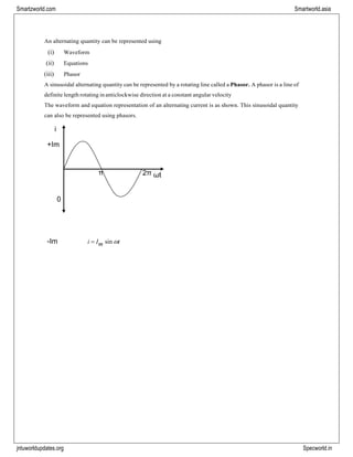 Smartzworld.com Smartworld.asia
jntuworldupdates.org Specworld.in
An alternating quantity can be represented using
(i) Waveform
(ii) Equations
(iii) Phasor
A sinusoidal alternating quantity can be represented by a rotating line called a Phasor. A phasor is a line of
definite length rotating in anticlockwise direction at a constant angular velocity
The waveform and equation representation of an alternating current is as shown. This sinusoidal quantity
can also be represented using phasors.
i
+Im
0
-Im i = Im sin t
π 2π ωt
 