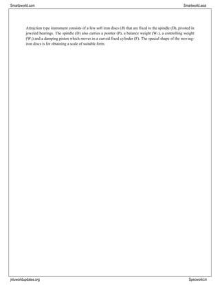 jntuworldupdates.org Specworld.in
Smartzworld.com Smartworld.asia
Attraction type instrument consists of a few soft iron discs (B) that are fixed to the spindle (D), pivoted in
jeweled bearings. The spindle (D) also carries a pointer (P), a balance weight (W1), a controlling weight
(W2) and a damping piston which moves in a curved fixed cylinder (F). The special shape of the moving-
iron discs is for obtaining a scale of suitable form.
 