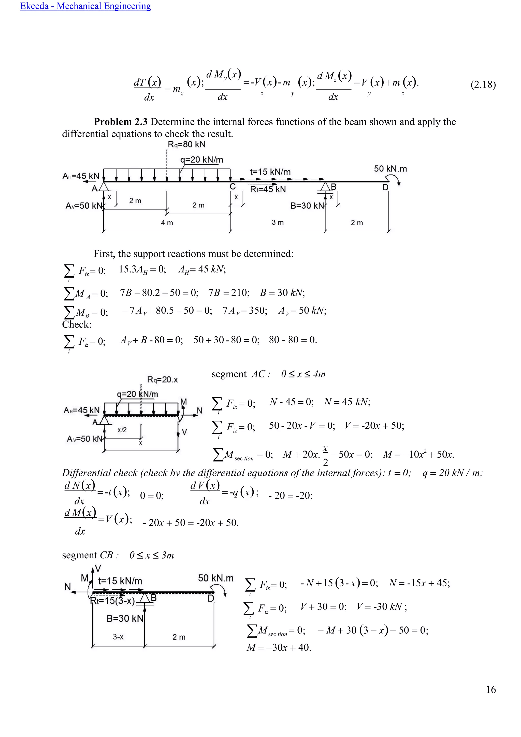 16
Ekeeda - Mechanical Engineering
dT (x) = m
(x);
d My(x)
= -V (x)- m (x);
d Mz (x)=V (x)+m (x). (2.18)
dx
x
dx z y
dx y z
Problem 2.3 Determine the internal forces functions of the beam shown and apply the
differential equations to check the result.
First, the support reactions must be determined:
 Fix= 0;
i
15.3AH = 0; AH = 45 kN;
M A = 0; 7B − 80.2 − 50 = 0; 7B = 210; B = 30 kN;
MB = 0;
Check:
− 7AV + 80.5 − 50 = 0; 7AV = 350; AV = 50 kN;
 Fiz = 0;
i
AV + B -80 = 0; 50 + 30 -80 = 0; 80 - 80 = 0.
segment AC : 0  x  4m
 Fix = 0;
i
N - 45 = 0; N = 45 kN;
 Fiz = 0;
i
50 - 20x -V = 0; V = -20x + 50;
Msec tion = 0; M + 20x.
x
− 50x = 0;
2
M = −10x2
+ 50x.
Differential check (check by the differential equations of the internal forces): t = 0; q = 20 kN / m;
d N (x) = -t (x);
dx
0 = 0;
d V (x) = -q (x);
dx
- 20 = -20;
d M(x)=V (x);
dx
- 20x + 50 = -20x + 50.
segment CB : 0  x  3m
 Fix= 0;
i
- N +15 (3- x)= 0; N = -15x + 45;
 Fiz = 0;
i
V + 30 = 0; V = -30 kN ;
Msec tion = 0;
M = −30x + 40.
− M + 30 (3 − x)− 50 = 0;
 