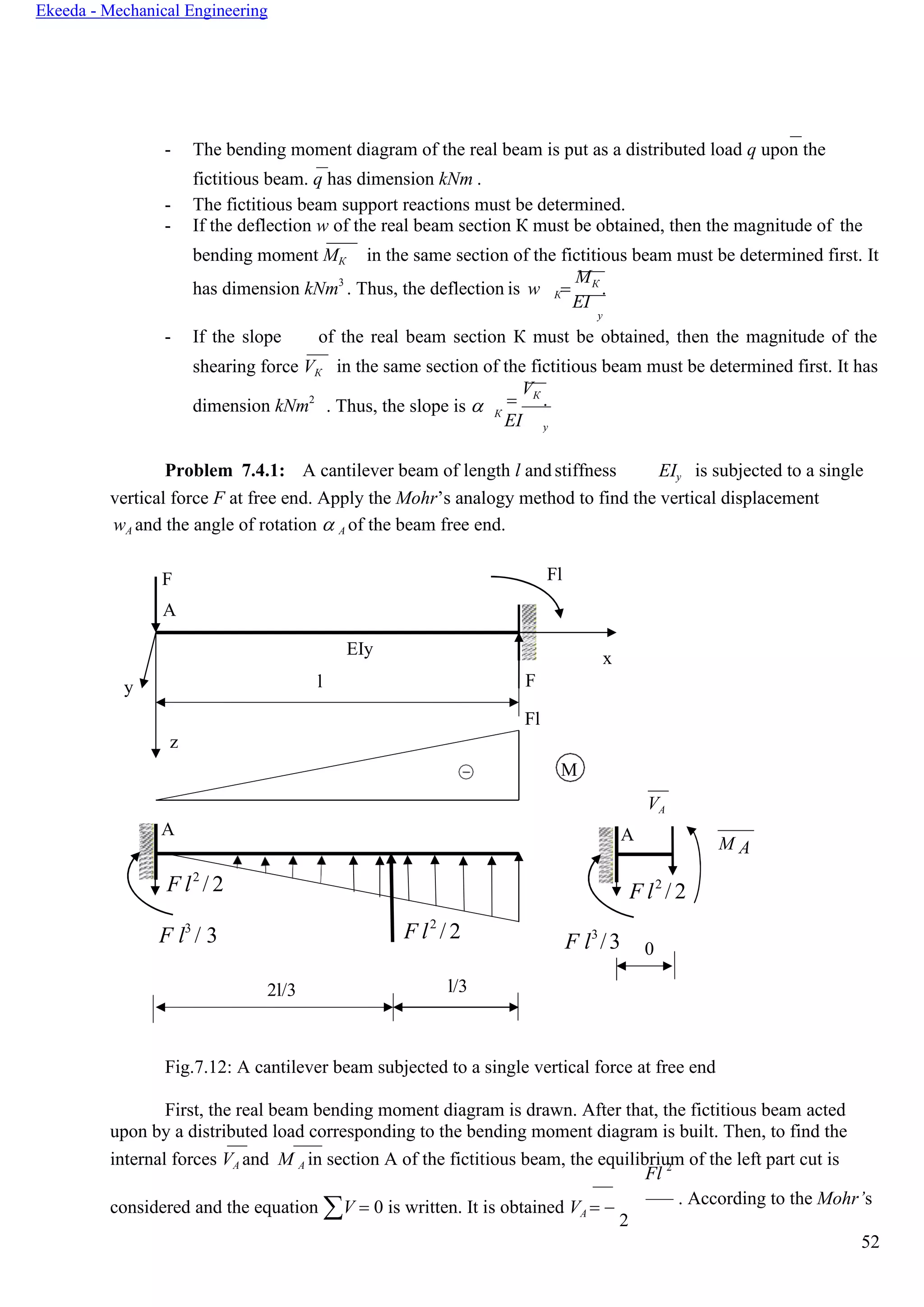 52
Ekeeda - Mechanical Engineering
- The bending moment diagram of the real beam is put as a distributed load q upon the
fictitious beam. q has dimension kNm .
- The fictitious beam support reactions must be determined.
- If the deflection w of the real beam section К must be obtained, then the magnitude of the
bending moment МК in the same section of the fictitious beam must be determined first. It
has dimension kNm3
. Thus, the deflection is w =
MК
.К
EI
y
- If the slope of the real beam section К must be obtained, then the magnitude of the
shearing force VК in the same section of the fictitious beam must be determined first. It has
dimension kNm2
. Thus, the slope is  =
VК
.
К
EI
Problem 7.4.1: A cantilever beam of length l andstiffness EIy is subjected to a single
vertical force F at free end. Apply the Mohr’s analogy method to find the vertical displacement
wА and the angle of rotation  А of the beam free end.
y
VА
М А
F l3
/3 0
Fig.7.12: A cantilever beam subjected to a single vertical force at free end
First, the real beam bending moment diagram is drawn. After that, the fictitious beam acted
upon by a distributed load corresponding to the bending moment diagram is built. Then, to find the
internal forces VА and М А in section А of the fictitious beam, the equilibrium of the left part cut is
Fl 2
considered and the equation V = 0 is written. It is obtained VА = −
2
. According to the Mohr’s
2l/3 l/3
F
А
Fl
EIy
x
l F
Fl
z
M
А
F l2
/ 2
F l3
/ 3 F l2
/ 2
А
F l2
/ 2
y
 