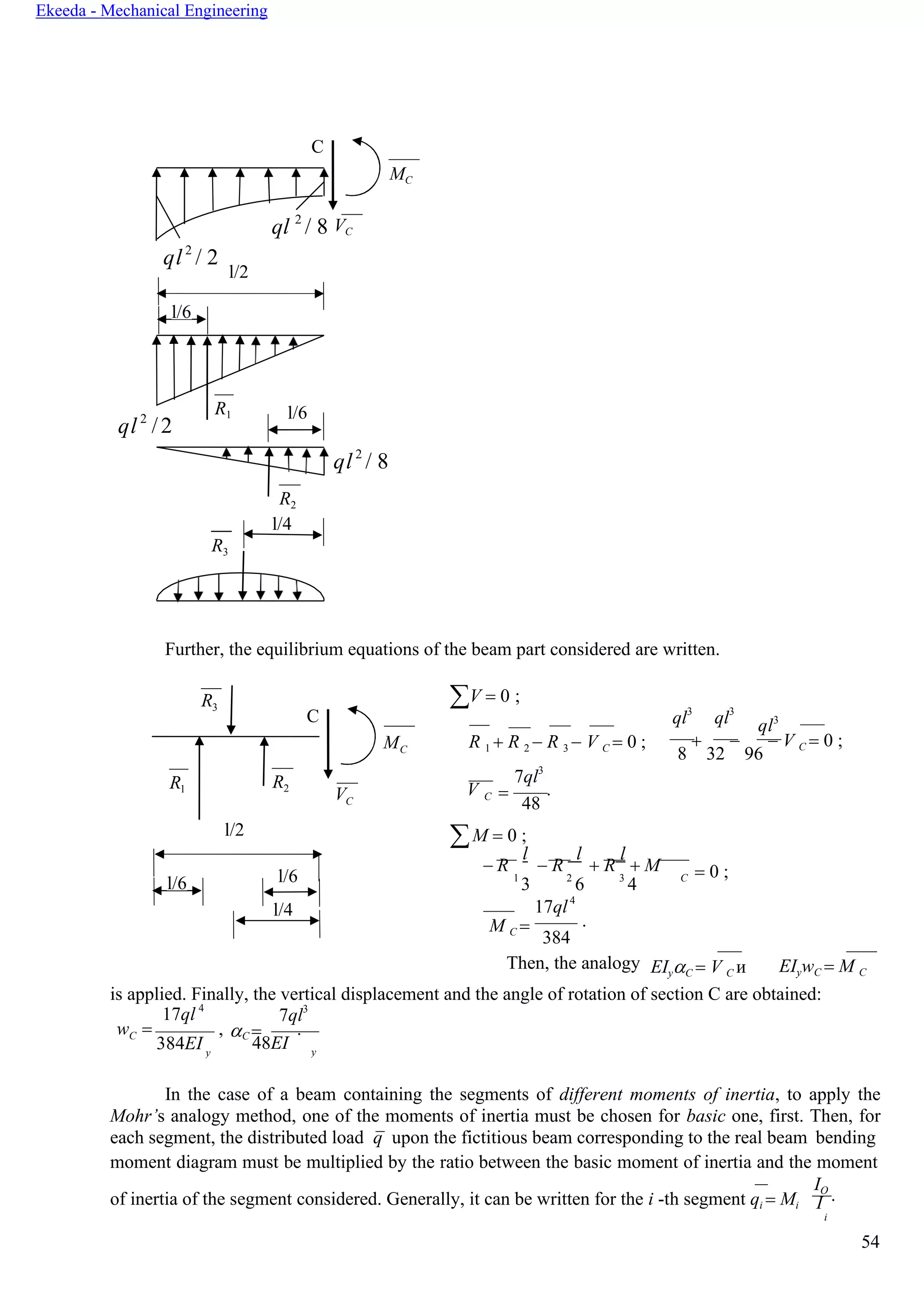 54
Ekeeda - Mechanical Engineering
C
ql 2
/ 8 VC
l/6
/2
R1 l/6
R2
=
 =
3
y
МC
ql2
/ 2
l/2
ql 2
ql2
/ 8
Further, the equilibrium equations of the beam part considered are written.
R V = 0 ;
C ql3
ql3
ql3
R1 R2
l/2
МC
R 1 + R 2 − R 3 − V C = 0 ;
7ql3
VC
V C
48
.
M = 0 ;
8
+
32
−
96
− V C = 0 ;
l/6 l/6
− R
l
− R
l
1
3 2
6
+ R
l
+ M
3
4 C = 0 ;
l/4
M C =
17ql4
.
384
Then, the analogy EIyC = V C и EIywC = M C
is applied. Finally, the vertical displacement and the angle of rotation of section С are obtained:
17ql 4
wC =
384EI
7ql3
, C
48EI
.
In the case of a beam containing the segments of different moments of inertia, to apply the
Mohr’s analogy method, one of the moments of inertia must be chosen for basic one, first. Then, for
each segment, the distributed load q upon the fictitious beam corresponding to the real beam bending
moment diagram must be multiplied by the ratio between the basic moment of inertia and the moment
of inertia of the segment considered. Generally, it can be written for the i -th segment qi = Mi
IO
.I
i
R3
l/4
y
 