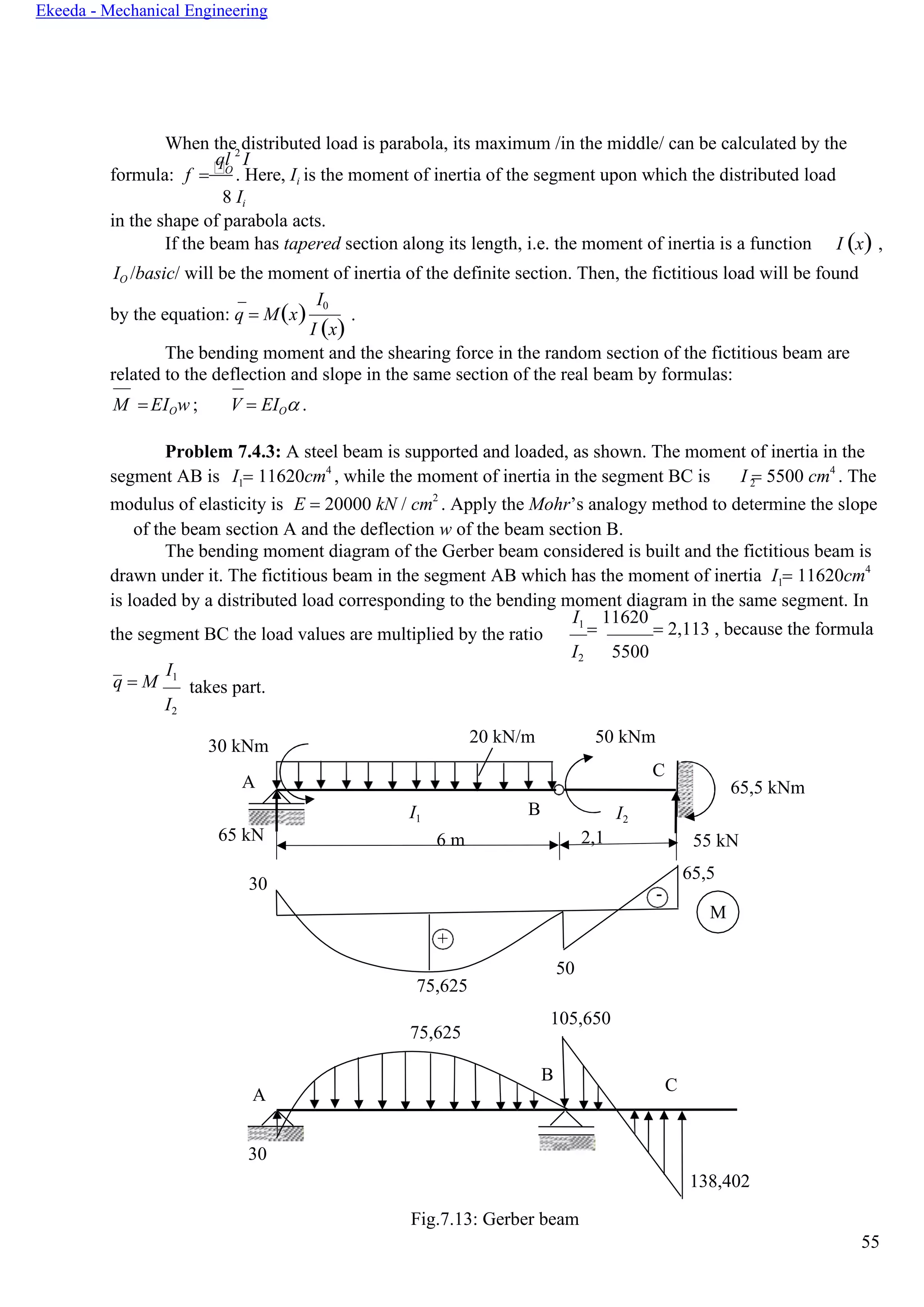 55
Ekeeda - Mechanical Engineering
B
А
C
30
138,402
1 2
1
When the distributed load is parabola, its maximum /in the middle/ can be calculated by the
ql 2
I
formula: f = O
. Here, Ii is the moment of inertia of the segment upon which the distributed load
8 Ii
in the shape of parabola acts.
If the beam has tapered section along its length, i.e. the moment of inertia is a function I (x) ,
IO /basic/ will be the moment of inertia of the definite section. Then, the fictitious load will be found
by the equation: q = M(x)
I0
I (x)
.
The bending moment and the shearing force in the random section of the fictitious beam are
related to the deflection and slope in the same section of the real beam by formulas:
M = ЕIOw ; V = ЕIO .
Problem 7.4.3: A steel beam is supported and loaded, as shown. The moment of inertia in the
segment АВ is I = 11620cm4
, while the moment of inertia in the segment ВС is I = 5500 cm4
. The
modulus of elasticity is Е = 20000 kN / cm2
. Apply the Mohr’s analogy method to determine the slope
of the beam section А and the deflection w of the beam section В.
The bending moment diagram of the Gerber beam considered is built and the fictitious beam is
drawn under it. The fictitious beam in the segment АВ which has the moment of inertia I = 11620cm4
is loaded by a distributed load corresponding to the bending moment diagram in the same segment. In
the segment ВС the load values are multiplied by the ratio
I1
=
11620
= 2,113 , because the formula
I2 5500
q = M
I1
I2
takes part.
30 kNm
20 kN/m 50 kNm
А
C
65,5 kNm
65 kN
I1
B I2
6 m 2,1 55 kN
30
65,5
-
+
75,625
75,625
M
50
105,650
Fig.7.13: Gerber beam
 