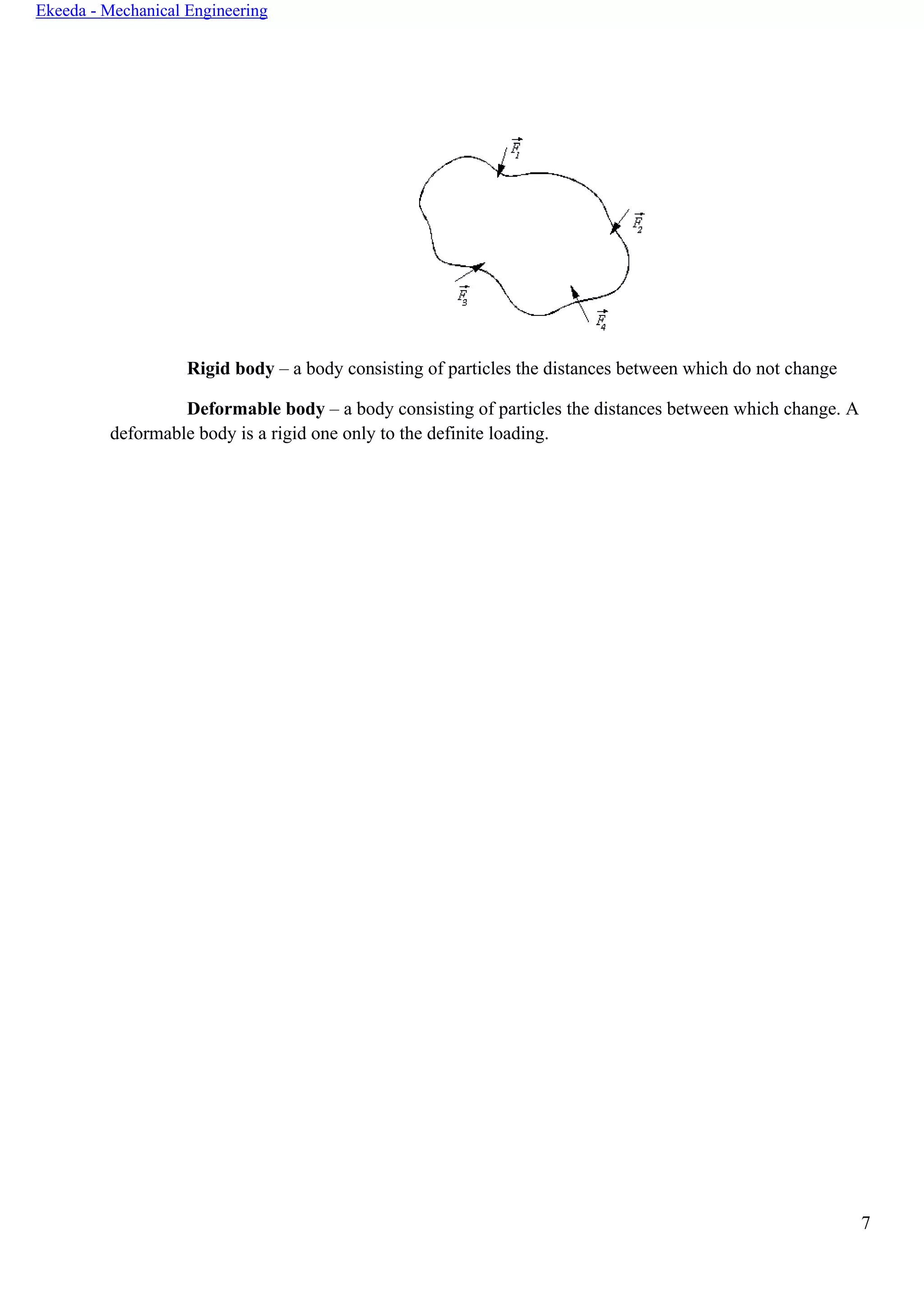 7
Ekeeda - Mechanical Engineering
Rigid body – a body consisting of particles the distances between which do not change
Deformable body – a body consisting of particles the distances between which change. A
deformable body is a rigid one only to the definite loading.
 