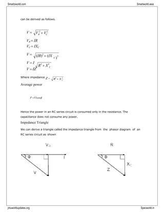 Smartzworld.com Smartworld.asia
jntuworldupdates.org Specworld.in
C
can be derived as follows.
V =
VR = IR
VC = IXC
V =
V = I
V = IZ
R2
+ X2
Where impedance Z =
Average power
P =VIcos
Hence the power in an RC series circuit is consumed only in the resistance. The
capacitance does not consume any power.
Impedance Triangle
We can derive a triangle called the impedance triangle from the phasor diagram of an
RC series circuit as shown
V 2
+ V2
R C
(IR)2
+ (IX C )
2
R2
+ X 2
C
 