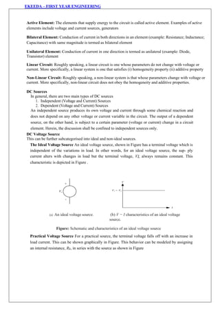 EKEEDA – FIRST YEAR ENGINEERING
Active Element: The elements that supply energy to the circuit is called active element. Examples of active
elements include voltage and current sources, generators
Bilateral Element: Conduction of current in both directions in an element (example: Resistance; Inductance;
Capacitance) with same magnitude is termed as bilateral element
Unilateral Element: Conduction of current in one direction is termed as unilateral (example: Diode,
Transistor) element
Linear Circuit: Roughly speaking, a linear circuit is one whose parameters do not change with voltage or
current. More specifically, a linear system is one that satisfies (i) homogeneity property (ii) additive property
Non-Linear Circuit: Roughly speaking, a non-linear system is that whose parameters change with voltage or
current. More specifically, non-linear circuit does not obey the homogeneity and additive properties.
DC Sources
In general, there are two main types of DC sources
1. Independent (Voltage and Current) Sources
2. Dependent (Voltage and Current) Sources
An independent source produces its own voltage and current through some chemical reaction and
does not depend on any other voltage or current variable in the circuit. The output of a dependent
source, on the other hand, is subject to a certain parameter (voltage or current) change in a circuit
element. Herein, the discussion shall be confined to independent sources only.
DC Voltage Source
This can be further subcategorised into ideal and non-ideal sources.
The Ideal Voltage Source An ideal voltage source, shown in Figure has a terminal voltage which is
independent of the variations in load. In other words, for an ideal voltage source, the sup- ply
current alters with changes in load but the terminal voltage, VL always remains constant. This
characteristic is depicted in Figure .
(a) An ideal voltage source. (b) V − I characteristics of an ideal voltage
source.
Figure: Schematic and characteristics of an ideal voltage source
Practical Voltage Source For a practical source, the terminal voltage falls off with an increase in
load current. This can be shown graphically in Figure. This behavior can be modeled by assigning
an internal resistance, Rs, in series with the source as shown in Figure
 
