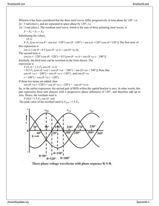 jntuworldupdates.org Specworld.in
Smartzworld.com Smartworld.asia
Wherein it has been considered that the three mmf waves differ progressively in time phase by 120°, i.e.
2π / 3 rad (elect.), and are separated in space phase by 120°, i.e.
2π / 3 rad (elect.). The resultant mmf wave, which is the sum of three pulsating mmf waves, is
F = FR + FY + FB
Substituting the values,
(θ, t)
4. Fm [cos ωt cos θ + cos (ωt −120°) cos (θ −120°) + cos (ωt +120°) cos (θ +120°)] The first term of
this expression is
cos ω t cos θ = 0.5 [cos (θ −ω t) + cos (θ +ω t)]
The second term is
cos (ω t −120°) cos (θ −120°) = 0.5 [cos (θ −ω t) + cos (θ +ω t − 240°)]
Similarly, the third term can be rewritten in the form shown. The
expression is
F (θ, t) = 1.5 Fm cos (θ −ω t)
+ 0.5 Fm [cos (θ +ωt) + cos (θ +ωt − 240°) + cos (θ +ωt + 240°)] Note that
cos (θ +ω t − 240°) = cos (θ +ω t +120°) , and cos (θ +ω
t + 240°) = cos (θ +ω t −120°) .
If these two terms are added, then
cos (θ +ω t +120°) + cos (θ +ω t −120°) = −cos (θ +ω t)
So, in the earlier expression, the second part of RHS within the capital bracket is zero. In other words, this
part represents three unit phasors with a progressive phase difference of 120°, and therefore add up to
zero. Hence, the resultant mmf is
F (θ,t) =1.5 Fm cos (θ −ωt)
The peak value of the resultant mmf is Fpeak =1.5 Fm.
 
