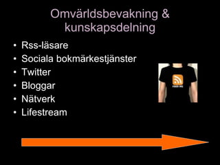 Omvärldsbevakning & kunskapsdelning Rss-läsare Sociala bokmärkestjänster Twitter Bloggar Nätverk Lifestream  