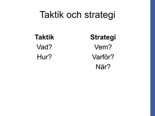 Taktik och strategi
Taktik
Vad?
Hur?
Strategi
Vem?
Varför?
När?
 