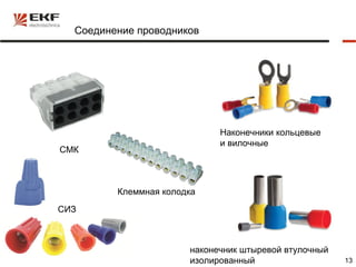 Соединение проводников




                             Наконечники кольцевые
                             и вилочные
СМК



         Клеммная колодка
СИЗ



                       наконечник штыревой втулочный
                       изолированный                   13
 