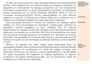 Οι ιδέες του Διαφωτισμού δεν είχαν ιδιαίτερη διάδοση στην απελευθερωμένη
Ελλάδα. Αυτό επηρέασε και την πολιτική σκέψη της εποχής. Οι άνθρωποι δεν
μπορούσαν να κατανοήσουν τη διαμάχη συμφερόντων και την αναγκαιότητα
ιδεολογικών συγκρούσεων, οι οποίες αξιολογούνταν αρνητικά, ως συμπτώματα
ηθικής κατάπτωσης και ως δείγμα ασύστολης ιδιοτέλειας. Μέσα σ’ αυτό το
γενικότερο ιδεολογικό-πολιτικό πλαίσιο δημιουργήθηκαν τα τρία πολιτικά
κόμματα, το Αγγλικό, το Γαλλικό και το Ρωσικό. Πέρα από τις διαφορές τους, οι
απόψεις τους σε ορισμένα ζητήματα δεν είχαν σημαντικές αποκλίσεις.
Στην οικονομική πολιτική οι απόψεις των κομμάτων δεν διέφεραν σχεδόν
καθόλου. Οι υλικές καταστροφές που προκάλεσε ο πόλεμος ήταν τεράστιες και
χρειαζόταν κρατική παρέμβαση με έργα υποδομής. Όλα τα κόμματα
συμφωνούσαν να στηριχθεί η οικονομία της χώρας στην αγροτική και βιοτεχνική
παραγωγή, στο εμπόριο και τη ναυτιλία. Αυτό που τα απασχολούσε στον τομέα
της οικονομικής πολιτικής αφορούσε τη νομοθεσία που σχετιζόταν με δασμούς
και φόρους, την προώθηση του συγκοινωνιακού δικτύου, την προστασία του από
ληστές και πειρατές και την υποστήριξη της Εθνικής Τράπεζας, η οποία ιδρύθηκε
το 1841.
Πάντως, τα κόμματα δεν είχαν ακόμη σαφή οργανωτική δομή και
προγράμματα δράσης. Ούτως ή άλλως στην Καποδιστριακή και Οθωνική περίοδο
(έως την ψήφιση του συντάγματος του 1844) δεν υπήρχε σύνταγμα ούτε
διαδικασίες συλλογικές, π.χ. εκλογές, οι οποίες προσδιορίζουν σε μεγάλο βαθμό
τον τρόπο λειτουργίας των κομμάτων. Σε ακραίες περιπτώσεις τα κόμματα
κατέφευγαν στη χρήση επαναστατικής βίας, για να καταστήσουν σαφή την
αντίθεσή τους σε επιλογές της κυβέρνησης.
ΙΔΕΟΛΟΓΙΚΟ –
ΠΟΛΙΤΙΚΟ ΠΛΑΙΣΙΟ
ΔΗΜΙΟΥΡΓΙΑΣ ΤΩΝ
ΚΟΜΜΑΤΩΝ
ΣΥΓΚΛΙΣΕΙΣ
ΟΙΚΟΝΟΜΙΑ
ΔΟΜΗ –
ΠΡΟΓΡΑΜΜΑ
ΔΡΑΣΗΣ
ΒΙΑ
 