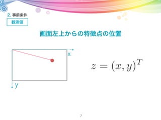 2. 事前条件
観測値
7
x
y
画面左上からの特徴点の位置
z = (x, y)T
 