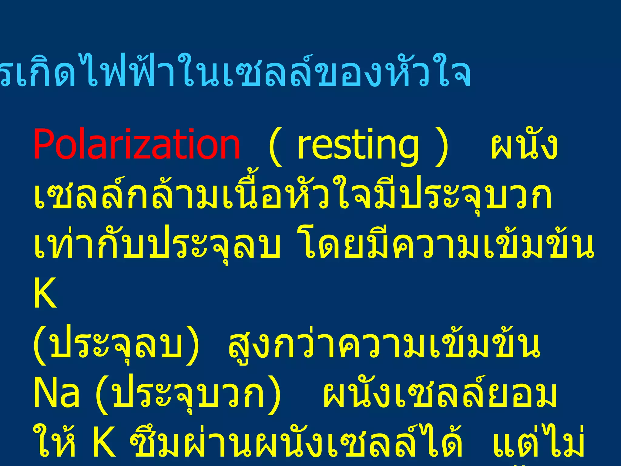 การเกิดไฟฟ้าในเซลล์ของหัวใจ Polarization   ( resting  )  ผนังเซลล์กล้ามเนื้อหัวใจมีประจุบวกเท่ากับประจุลบ โดยมีความเข้มข้น  K  ( ประจุลบ )  สูงกว่าความเข้มข้น  Na ( ประจุบวก )  ผนังเซลล์ยอมให้  K  ซึมผ่านผนังเซลล์ได้  แต่ไม่ยอมให้  Na   ซึมผ่านเลย  ดังนั้นจึงมีประจุลบอยู่ในเซลล์  ประจุบวกอยู่นอกเซลล์ 