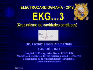 ELECTROCARDIOGRAFÍA - 2018
EKG…3
(Crecimiento de cavidades cardiacas)
Dr. Freddy Flores Malpartida
CARDIÓLOGO
Hospital III Emergencias Grau - ESSALUD
Maestría en Docencia e Investigación en Salud – UNMSM
Coordinador de la Especialidad de Cardiología
Docente Universitario
21/09/2018 1
 
