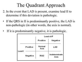 The Quadrant Approach
2. In the event that LAD is present, examine lead II to
determine if this deviation is pathologic.
• If the QRS in II is predominantly positive, the LAD is
non-pathologic (in other words, the axis is normal).
• If it is predominantly negative, it is pathologic.
 