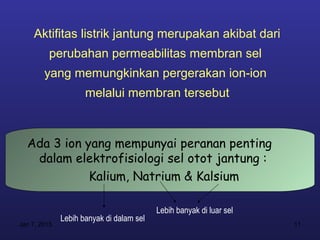 Aktifitas listrik jantung merupakan akibat dari
          perubahan permeabilitas membran sel
        yang memungkinkan pergerakan ion-ion
                     melalui membran tersebut



  Ada 3 ion yang mempunyai peranan penting
   dalam elektrofisiologi sel otot jantung :
             Kalium, Natrium & Kalsium

                                          Lebih banyak di luar sel
              Lebih banyak di dalam sel
Jan 7, 2013                                                          11
 