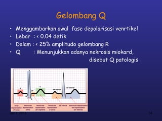 Gelombang Q
•   Menggambarkan awal fase depolarisasi venrtikel
•   Lebar : < 0.04 detik
•   Dalam : < 25% amplitudo gelombang R
•   Q      : Menunjukkan adanya nekrosis miokard,
                                disebut Q patologis




Jan 7, 2013                                           34
 