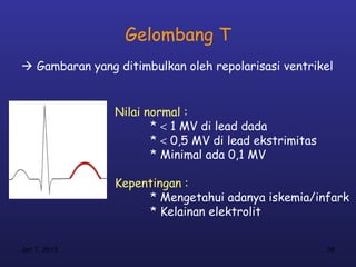 Gelombang T
 Gambaran yang ditimbulkan oleh repolarisasi ventrikel


                Nilai normal :
                       * < 1 MV di lead dada
                       * < 0,5 MV di lead ekstrimitas
                       * Minimal ada 0,1 MV

                Kepentingan :
                     * Mengetahui adanya iskemia/infark
                     * Kelainan elektrolit


Jan 7, 2013                                             38
 