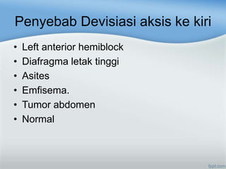 Penyebab Devisiasi aksis ke kiri
• Left anterior hemiblock
• Diafragma letak tinggi
• Asites
• Emfisema.
• Tumor abdomen
• Normal