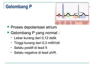 Gelombang P
 Proses depolarisasi atrium
 Gelombang P yang normal :
 Lebar kurang dari 0,12 detik
 Tinggi kurang dari 0,3 milliVolt
 Selalu positif di lead II
 Selalu negative di lead aVR.
 