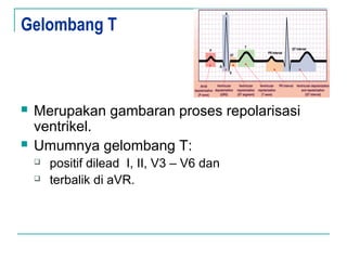 Gelombang T
 Merupakan gambaran proses repolarisasi
ventrikel.
 Umumnya gelombang T:
 positif dilead I, II, V3 – V6 dan
 terbalik di aVR.
 