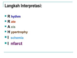 Langkah Interpretasi:
 R hythm
 R ate
 A xis
 H ypertrophy
 I schemia
 I nfarct
 