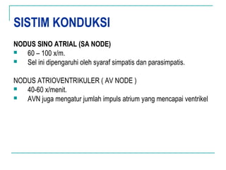 SISTIM KONDUKSI
NODUS SINO ATRIAL (SA NODE)
 60 – 100 x/m.
 Sel ini dipengaruhi oleh syaraf simpatis dan parasimpatis.
NODUS ATRIOVENTRIKULER ( AV NODE )
 40-60 x/menit.
 AVN juga mengatur jumlah impuls atrium yang mencapai ventrikel
 