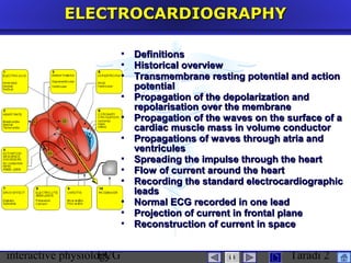 interactive physiologyECG Taradi 2
ELECTROCARDIOGRAPHYELECTROCARDIOGRAPHY
 DefinitionsDefinitions
 Historical overviewHistorical overview
 Transmembrane resting potential and actionTransmembrane resting potential and action
potentialpotential
 Propagation of the depolarization andPropagation of the depolarization and
repolarisation over the membranerepolarisation over the membrane
 Propagation of the waves on the surface of aPropagation of the waves on the surface of a
cardiac muscle mass in volume conductorcardiac muscle mass in volume conductor
 Propagations of waves through atria andPropagations of waves through atria and
ventriculesventricules
 Spreading the impulse through the heartSpreading the impulse through the heart
 Flow of current around the heartFlow of current around the heart
 Recording the standard electrocardiographicRecording the standard electrocardiographic
leadsleads
 Normal ECG recorded in one leadNormal ECG recorded in one lead
 Projection of current in frontal planeProjection of current in frontal plane
 Reconstruction of current in spaceReconstruction of current in space
 