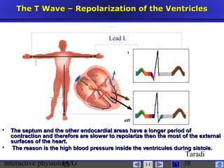 interactive physiologyECG
Taradi
38
The T Wave – Repolarization of the VentriclesThe T Wave – Repolarization of the Ventricles
 The septum and the other endocardial areas have a longer period ofThe septum and the other endocardial areas have a longer period of
contraction and therefore are slower to repolarize then the most of the externalcontraction and therefore are slower to repolarize then the most of the external
surfaces of the heart.surfaces of the heart.
 The reason is the high blood pressure inside the ventricules during sistole.The reason is the high blood pressure inside the ventricules during sistole.
Lead I.
 