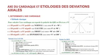 AXE DU CARDIAQUE ET ETIOLOGIES DES DEVIATIONS
AXIALES
1, DETERMINER L'AXE CARDIAQUE
• Méthode classique
Pour calculer l'axe cardiaque on regarde la polarité du QRS en Dl et en a VF :
o si DI positif et a VF positif= axe NORMAL ( axe entre 0° et + 90° )
o si DI positif et a VF négatif= axe GAUCHE (axe entre 0° et -90° )
o si DI négatif et aVF positif= axe DROIT (axe entre+ 90° et+ 180° )
o si DI-négatif et aVF-= axe HYPERDEVIE (axe entre-90° et-180° )
 