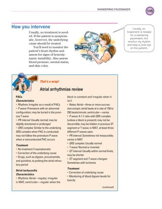 105
WANDERING PACEMAKER
How you intervene
Usually, no treatment is need-
ed. If the patient is symptom-
atic, however, the underlying
cause should be treated.
You’ll need to monitor the
patient’s heart rhythm and
assess for signs of hemody-
namic instability. Also assess
blood pressure, mental status,
and skin color.
Usually, no
treatment is needed
for a wandering
pacemaker, but
monitor my rhythm
and keep a close eye
on the patient.
PACs
Characteristics
Rhythms:
• Irregular as a result of PACs
P wave:
• Premature with an abnormal
configuration; may be buried in the previ-
ous T wave
PR interval:
• Usually normal; may be
slightly shortened or prolonged
QRS complex:
• Similar to the underlying
QRS complex when PAC is conducted;
may not follow the premature P wave
when a nonconducted PAC occurs
Treatment
No treatment if asymptomatic
•
Correction of the underlying cause
•
Drugs, such as digoxin, procainamide,
•
and quinidine, to prolong the atrial refrac-
tory period
Atrial tachycardia
Characteristics
Rhythms:
• Atrial—regular, irregular
in MAT; ventricular—regular when the
block is constant and irregular when it
isn’t
Rates:
• Atrial—three or more succes-
sive ectopic atrial beats at a rate of 150 to
250 beats/minute; ventricular—varies
P wave:
• A 1:1 ratio with QRS complex
(unless a block is present); may not be
discernible; may be hidden in previous ST
segment or T wave; in MAT, at least three
different P waves seen
PR interval:
• Sometimes not measurable;
varies in MAT
QRS complex:
• Usually normal
T wave:
• Normal or inverted
QT interval:
• Usually within normal limits;
may be shorter
ST-segment and T-wave changes:
•
Sometimes with ischemia
Treatment
Correction of underlying cause
•
Monitoring of blood digoxin levels for
•
toxicity
That’s a wrap!
Atrial arrhythmias review
(continued)
ECG_Chap05.indd 105
ECG_Chap05.indd 105 7/8/2010 12:32:41 PM
7/8/2010 12:32:41 PM
 