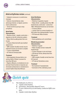 106
ATRIAL ARRHYTHMIAS
Valsalva’s maneuver or carotid sinus
•
massage
Calcium channel blocker, beta-
•
adrenergic blocker, or digoxin; synchro-
nized cardioversion
Atrial overdrive pacing to stop
•
arrhythmia
Atrial flutter
Characteristics
Rhythms:
• Atrial—regular; ventricular—
depends on the AV conduction pattern
Rates:
• Atrial usually greater than ven-
tricular
P waves:
• Abnormal with saw-toothed
appearance
QRS complex:
• Usually normal; may be
widened if waves are buried in complex
T wave:
• Unidentifiable
QT interval:
• Unmeasurable
Treatment
Anticoagulation therapy before con-
•
verting rhythm if flutter is present for
more than 48 hours
Digoxin, diltiazem, or amiodarone to con-
•
trol rate if heart function is impaired; syn-
chronized cardioversion or amiodarone to
convert rhythm if less than 48 hours
Atrial fibrillation
Characteristics
Rhythms:
• Irregularly irregular
Rates:
• Atrial—usually greater than 400
beats/minute; ventricular—varies from
100 to 150 beats/minute but can be lower
P waves:
• Absent
f waves:
• Seen as uneven baseline on
ECG rather than distinguishable P waves
R-R intervals:
• Wide variation
Treatment
Same guidelines as for atrial flutter
•
Wandering pacemaker
Characteristics
Rhythms:
• Irregular
Rates:
• Usually normal or below 60
beats/minute
P wave:
• Changes in size and shape
PR interval:
• Varies; always less than
0.20 second
QRS complex:
• Usually normal; less than
0.12 second
QT interval:
• Sometimes varies
Treatment
No treatment if asymptomatic
•
Correction of the underlying cause
•
Atrial arrhythmias review (continued)
Quick quiz
1. The hallmark of a PAC is:
A. regular atrial rhythm.
B. premature, abnormally shaped P wave.
C. P wave followed by an aberrantly conducted QRS com-
plex.
D. regular ventricular rhythm.
ECG_Chap05.indd 106
ECG_Chap05.indd 106 7/8/2010 12:32:42 PM
7/8/2010 12:32:42 PM
 