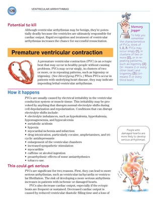 128
VENTRICULAR ARRHYTHMIAS
Potential to kill
Although ventricular arrhythmias may be benign, they’re poten-
tially deadly because the ventricles are ultimately responsible for
cardiac output. Rapid recognition and treatment of ventricular
arrhythmias increases the chance for successful resuscitation.
Premature ventricular contraction
A premature ventricular contraction (PVC) is an ectopic
beat that may occur in healthy people without causing
problems. PVCs may occur singly, in clusters of two
or more, or in repeating patterns, such as bigeminy or
trigeminy. (See Identifying PVCs.) When PVCs occur in
patients with underlying heart disease, they may indicate
impending lethal ventricular arrhythmias.
How it happens
PVCs are usually caused by electrical irritability in the ventricular
conduction system or muscle tissue. This irritability may be pro-
voked by anything that disrupts normal electrolyte shifts during
cell depolarization and repolarization. Conditions that can disrupt
electrolyte shifts include:
electrolyte imbalances, such as hypokalemia, hyperkalemia,
•
hypomagnesemia, and hypocalcemia
metabolic acidosis
•
hypoxia
•
myocardial ischemia and infarction
•
drug intoxication, particularly cocaine, amphetamines, and tri-
•
cyclic antidepressants
enlargement of the ventricular chambers
•
increased sympathetic stimulation
•
myocarditis
•
caffeine or alcohol ingestion
•
proarrhythmic effects of some antiarrhythmics
•
tobacco use.
•
This could get serious
PVCs are significant for two reasons. First, they can lead to more
serious arrhythmias, such as ventricular tachycardia or ventricu-
lar fibrillation. The risk of developing a more serious arrhythmia
increases in patients with ischemic or damaged hearts.
PVCs also decrease cardiac output, especially if the ectopic
beats are frequent or sustained. Decreased cardiac output is
caused by reduced ventricular diastolic filling time and a loss of
Memory
jogger
To help you
remember
the characteristics
of PVCs, think of
1, 2, 3. PVCs may
occur singly (1), in
clusters of two or
more (2), or in re-
peating patterns,
such as bigeminy (2)
(bi- means 2 or every
other beat) and
trigeminy (3) (tri-
means 3 or every
third beat).
People with
damaged hearts are
more likely to develop
serious arrhythmias.
ECG_Chap07.indd 128
ECG_Chap07.indd 128 7/7/2010 5:59:05 PM
7/7/2010 5:59:05 PM
 