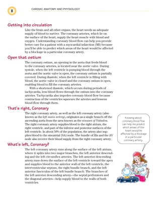 8
CARDIAC ANATOMY AND PHYSIOLOGY
Getting into circulation
Like the brain and all other organs, the heart needs an adequate
supply of blood to survive. The coronary arteries, which lie on
the surface of the heart, supply the heart muscle with blood and
oxygen. Understanding coronary blood flow can help you provide
better care for a patient with a myocardial infarction (MI) because
you’ll be able to predict which areas of the heart would be affected
by a blockage in a particular coronary artery.
Open that ostium
The coronary ostium, an opening in the aorta that feeds blood
to the coronary arteries, is located near the aortic valve. During
systole, when the left ventricle is pumping blood through the
aorta and the aortic valve is open, the coronary ostium is partially
covered. During diastole, when the left ventricle is filling with
blood, the aortic valve is closed and the coronary ostium is open,
enabling blood to fill the coronary arteries.
With a shortened diastole, which occurs during periods of
tachycardia, less blood flows through the ostium into the coronary
arteries. Tachycardia also impedes coronary blood flow because
contraction of the ventricles squeezes the arteries and lessens
blood flow through them.
That’s right, Coronary
The right coronary artery, as well as the left coronary artery (also
known as the left main artery), originates as a single branch off the
ascending aorta from the area known as the sinuses of Valsalva.
The right coronary artery supplies blood to the right atrium, the
right ventricle, and part of the inferior and posterior surfaces of the
left ventricle. In about 50% of the population, the artery also sup-
plies blood to the sinoatrial (SA) node. The bundle of His and the AV
node also receive their blood supply from the right coronary artery.
What’s left, Coronary?
The left coronary artery runs along the surface of the left atrium,
where it splits into two major branches, the left anterior descend-
ing and the left circumflex arteries. The left anterior descending
artery runs down the surface of the left ventricle toward the apex
and supplies blood to the anterior wall of the left ventricle, the
interventricular septum, the right bundle branch, and the left
anterior fasciculus of the left bundle branch. The branches of
the left anterior descending artery—the septal perforators and
the diagonal arteries—help supply blood to the walls of both
ventricles.
Knowing about
coronary blood flow
can help me predict
which areas of the
heart would be
affected by a blockage
in a particular
coronary artery.
ECG_Chap01.indd 8
ECG_Chap01.indd 8 7/7/2010 5:47:46 PM
7/7/2010 5:47:46 PM
 