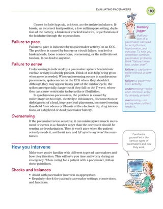189
EVALUATING PACEMAKERS
Causes include hypoxia, acidosis, an electrolyte imbalance, fi-
brosis, an incorrect lead position, a low milliampere setting, deple-
tion of the battery, a broken or cracked leadwire, or perforation of
the leadwire through the myocardium.
Failure to pace
Failure to pace is indicated by no pacemaker activity on an ECG.
The problem is caused by battery or circuit failure, cracked or
broken leads, loose connections, oversensing, or the millivolts set
too low. It can lead to asystole.
Failure to sense
Undersensing is indicated by a pacemaker spike when intrinsic
cardiac activity is already present. Think of it as help being given
when none is needed. When undersensing occurs in synchronous
pacemakers, spikes occur on the ECG where they shouldn’t.
Although they may appear in any part of the cardiac cycle, the
spikes are especially dangerous if they fall on the T wave, where
they can cause ventricular tachycardia or fibrillation.
In synchronous pacemakers, the problem is caused by
millivoltage set too high, electrolyte imbalances, disconnection or
dislodgment of a lead, improper lead placement, increased sensing
threshold from edema or fibrosis at the electrode tip, drug interac-
tions, or a depleted or dead pacemaker battery.
Oversensing
If the pacemaker is too sensitive, it can misinterpret muscle move-
ment or events in a chamber other than the one that it should be
sensing as depolarization. Then it won’t pace when the patient
actually needs it, and heart rate and AV synchrony won’t be main-
tained.
How you intervene
Make sure you’re familiar with different types of pacemakers and
how they function. This will save you time and worry during an
emergency. When caring for a patient with a pacemaker, follow
these guidelines.
Checks and balances
Assist with pacemaker insertion as appropriate.
•
Regularly check the patient’s pacemaker settings, connections,
•
and functions.
Familiarize
yourself with the
various types of
pacemakers and how
they work.
Memory
jogger
Malfunc-
tion of a
pacemaker can lead
to arrhythmias,
hypotension, and
syncope. To help you
remember common
pacemaker problems
think “failure times
two, under, over”:
failure to capture—
spike without a com-
plex
failure to pace—no
ECG activity
undersensing—spike
when intrinsic activ-
ity already present
oversensing—no
pacing when patient
needs it.
ECG_Chap09.indd 189
ECG_Chap09.indd 189 7/8/2010 4:31:09 PM
7/8/2010 4:31:09 PM
 