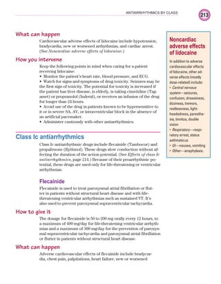 213
ANTIARRHYTHMICS BY CLASS
What can happen
Cardiovascular adverse effects of lidocaine include hypotension,
bradycardia, new or worsened arrhythmias, and cardiac arrest.
(See Noncardiac adverse effects of lidocaine.)
How you intervene
Keep the following points in mind when caring for a patient
receiving lidocaine:
Monitor the patient’s heart rate, blood pressure, and ECG.
•
Watch for signs and symptoms of drug toxicity. Seizures may be
•
the first sign of toxicity. The potential for toxicity is increased if
the patient has liver disease, is elderly, is taking cimetidine (Tag-
amet) or propranolol (Inderal), or receives an infusion of the drug
for longer than 24 hours.
Avoid use of the drug in patients known to be hypersensitive to
•
it or in severe SA, AV, or intraventricular block in the absence of
an artificial pacemaker.
Administer cautiously with other antiarrhythmics.
•
Class Ic antiarrhythmics
Class Ic antiarrhythmic drugs include flecainide (Tambocor) and
propafenone (Rythmol). These drugs slow conduction without af-
fecting the duration of the action potential. (See Effects of class Ic
antiarrhythmics, page 214.) Because of their proarrhythmic po-
tential, these drugs are used only for life-threatening or ventricular
arrhythmias.
Flecainide
Flecainide is used to treat paroxysmal atrial fibrillation or flut-
ter in patients without structural heart disease and with life-
threatening ventricular arrhythmias such as sustained VT. It’s
also used to prevent paroxysmal supraventricular tachycardia.
How to give it
The dosage for flecainide is 50 to 200 mg orally every 12 hours, to
a maximum of 400 mg/day for life-threatening ventricular arrhyth-
mias and a maximum of 300 mg/day for the prevention of paroxys-
mal supraventricular tachycardia and paroxysmal atrial fibrillation
or flutter in patients without structural heart disease.
What can happen
Adverse cardiovascular effects of flecainide include bradycar-
dia, chest pain, palpitations, heart failure, new or worsened
Noncardiac
adverse effects
of lidocaine
In addition to adverse
cardiovascular effects
of lidocaine, other ad-
verse effects (mostly
dose-related) include:
Central nervous
•
system—seizures,
confusion, drowsiness,
dizziness, tremors,
restlessness, light-
headedness, paresthe-
sia, tinnitus, double
vision
Respiratory—
• respi-
ratory arrest, status
asthmaticus
GI—
• nausea, vomiting
Other—
• anaphylaxis.
ECG_Chap10.indd 213
ECG_Chap10.indd 213 7/7/2010 6:03:29 PM
7/7/2010 6:03:29 PM
 