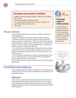 226
PHARMACOLOGIC TREATMENTS
How you intervene
Keep the following points in mind when caring for a patient re-
ceiving diltiazem:
Monitor the patient’s heart rate, blood pressure, and ECG.
•
Diltiazem should be avoided in patients with sick sinus syn-
•
drome or second- or third-degree AV block without a pacemaker,
atrial fibrillation or flutter due to WPW syndrome, advanced heart
failure, cardiogenic shock, profound hypotension, acute MI, pul-
monary edema, or sensitivity to the drug.
Use cautiously in elderly patients; in patients with heart failure,
•
hypotension, or liver or kidney disease; and in those receiving
digoxin or beta-adrenergic blockers. (See Prolonged effects in el-
derly patients.)
Give cautiously to patients receiving I.V. beta-adrenergic block-
•
ers. I.V. diltiazem and I.V. beta-adrenergic blocker shouldn’t be
given within a few hours of each other.
Advise the patient to change position slowly to avoid orthostatic
•
hypotension.
Unclassified antiarrhythmics
Some antiarrhythmic drugs defy categorization. Let’s look at some
of those drugs, which are called unclassified or miscellaneous an-
tiarrhythmic drugs.
Adenosine
Adenosine is a naturally occurring nucleoside used to treat par-
oxysmal supraventricular tachycardia. It acts on the AV node to
slow conduction and inhibit reentry pathways. It’s also useful in
treating paroxysmal supraventricular tachycardia associated with
WPW syndrome.
Noncardiac adverse effects of diltiazem
In addition to adverse cardiovascular effects of diltiazem, other adverse
effects include:
Central nervous system—
• headache, dizziness
GI—
• nausea, transient elevation of liver enzymes, constipation, ab-
dominal discomfort, acute hepatic injury
Skin—
• rash.
Patients taking
diltiazem should
change position
slowly.
Prolonged
effects in
elderly patients
Administer diltiazem
cautiously to an older
adult because the half-
life of the drug may be
prolonged. Be especially
careful if the older adult
also has heart failure
or impaired hepatic or
renal function.
Ages
and stages
ECG_Chap10.indd 226
ECG_Chap10.indd 226 7/7/2010 6:03:34 PM
7/7/2010 6:03:34 PM
 