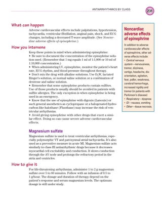 231
ANTIARRHYTHMICS BY CLASS
What can happen
Adverse cardiovascular effects include palpitations, hypertension,
tachycardia, ventricular fibrillation, anginal pain, shock, and ECG
changes, including a decreased T-wave amplitude. (See Noncar-
diac adverse effects of epinephrine.)
How you intervene
Keep these points in mind when administering epinephrine:
Be sure to document the concentration of the epinephrine solu-
•
tion used. (Remember that 1 mg equals 1 ml of 1:1,000 or 10 ml of
1:10,000 concentration.)
When administering I.V. epinephrine, monitor the patient’s heart
•
rate, ECG rhythm, and blood pressure throughout therapy.
Don’t mix the drug with alkaline solutions. Use D
• 5W, lactated
Ringer’s solution, or normal saline solution or a combination of
dextrose and saline solution.
Remember that some epinephrine products contain sulfites.
•
Use of those products usually should be avoided in patients with
sulfite allergies. The only exception is when epinephrine is being
used in an emergency.
Know that the use of epinephrine with digoxin (Lanoxin) or
•
such general anesthetics as cyclopropane or a halogenated hydro-
carbon like halothane (Fluothane) may increase the risk of ven-
tricular arrhythmias.
Avoid giving epinephrine with other drugs that exert a simi-
•
lar effect. Doing so can cause severe adverse cardiovascular
effects.
Magnesium sulfate
Magnesium sulfate is used to treat ventricular arrhythmias, espe-
cially polymorphic VT and paroxysmal atrial tachycardia. It’s also
used as a preventive measure in acute MI. Magnesium sulfate acts
similarly to class III antiarrhythmic drugs because it decreases
myocardial cell excitability and conduction. It slows conduction
through the AV node and prolongs the refractory period in the
atria and ventricles.
How to give it
For life-threatening arrhythmias, administer 1 to 2 g magnesium
sulfate over 5 to 60 minutes. Follow with an infusion of 0.5 to
1 g/hour. The dosage and duration of therapy depend on the
patient’s response and serum magnesium levels. The optimum
dosage is still under study.
Noncardiac
adverse effects
of epinephrine
In addition to adverse
cardiovascular effects
of epinephrine, other ad-
verse effects include:
Central nervous
•
system—nervousness,
tremor, dizziness,
vertigo, headache, dis-
orientation, agitation,
fear, pallor, weakness,
cerebral hemorrhage,
increased rigidity and
tremor (in patients with
Parkinson’s disease)
Respiratory—
• dyspnea
GI—
• nausea, vomiting
Other—
• tissue necrosis.
ECG_Chap10.indd 231
ECG_Chap10.indd 231 7/7/2010 6:03:36 PM
7/7/2010 6:03:36 PM
 