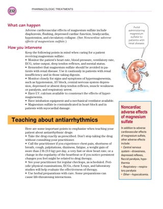 232
PHARMACOLOGIC TREATMENTS
What can happen
Adverse cardiovascular effects of magnesium sulfate include
diaphoresis, flushing, depressed cardiac function, bradycardia,
hypotension, and circulatory collapse. (See Noncardiac adverse
effects of magnesium sulfate.)
How you intervene
Keep the following points in mind when caring for a patient
receiving magnesium sulfate:
Monitor the patient’s heart rate, blood pressure, ventilatory rate,
•
ECG, urine output, deep tendon reflexes, and mental status.
Remember that magnesium sulfate should be avoided in pa-
•
tients with renal disease. Use it cautiously in patients with renal
insufficiency and in those taking digoxin.
Monitor closely for signs and symptoms of hypermagnesemia,
•
such as hypotension, AV block, central nervous system depres-
sion, depressed or absent deep tendon reflexes, muscle weakness
or paralysis, and respiratory arrest.
Have I.V. calcium available to counteract the effects of hyper-
•
magnesemia.
Have intubation equipment and a mechanical ventilator available.
•
Magnesium sulfate is contraindicated in heart block and in
•
patients with myocardial damage.
Teaching about antiarrhythmics
Here are some important points to emphasize when teaching your
patient about antiarrhythmic drugs:
Take the drug exactly as prescribed. Don’t stop taking the drug
•
without consulting your practitioner.
Call the practitioner if you experience chest pain, shortness of
•
breath, cough, palpitations, dizziness, fatigue, a weight gain of
more than 2 lb (0.9 kg) per day, a very fast or slow heart rate, or a
change in the regularity of the heartbeat or if you notice persistent
changes you feel might be related to drug therapy.
See your practitioner for regular checkups, as scheduled. Peri-
•
odic physical examinations, ECGs, chest X-rays, and laboratory
studies will help evaluate the effectiveness of therapy.
Use herbal preparations with care. Some preparations can
•
cause life-threatening interactions.
Noncardiac
adverse effects
of magnesium
sulfate
In addition to adverse
cardiovascular effects
of magnesium sulfate,
other adverse effects
include:
Central nervous
•
system—drowsiness,
depressed reflexes,
flaccid paralysis, hypo-
thermia
Respiratory—
• respira-
tory paralysis
Other—
• hypocalcemia.
Avoid
administering
magnesium
sulfate to
patients with
renal disease.
ECG_Chap10.indd 232
ECG_Chap10.indd 232 7/7/2010 6:03:36 PM
7/7/2010 6:03:36 PM
 
