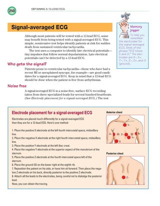 250
OBTAINING A 12-LEAD ECG
Signal-averaged ECG
Although most patients will be tested with a 12-lead ECG, some
may benefit from being tested with a signal-averaged ECG. This
simple, noninvasive test helps identify patients at risk for sudden
death from sustained ventricular tachycardia.
The test uses a computer to identify late electrical potentials—
tiny impulses that follow normal depolarization. Late electrical
potentials can’t be detected by a 12-lead ECG.
Who gets the signal?
Patients prone to ventricular tachycardia—those who have had a
recent MI or unexplained syncope, for example—are good candi-
dates for a signal-averaged ECG. Keep in mind that a 12-lead ECG
should be done when the patient is free from arrhythmias.
Noise free
A signal-averaged ECG is a noise-free, surface ECG recording
taken from three specialized leads for several hundred heartbeats.
(See Electrode placement for a signal-averaged ECG.) The test
Memory
jogger
To help you
remember
the electrodes for
the signal-averaged
ECG, think of the
phrase “XYZ times
2 and G.” The elec-
trodes are X–, X+,
Y–, Y+, Z–, Z+, and G
(ground).
Electrode placement for a signal-averaged ECG
Electrodes are placed much differently for a signal-averaged ECG
than they are for a 12-lead ECG. Here’s one method:
1. Place the positive X electrode at the left fourth intercostal space, midaxillary
line.
2. Place the negative X electrode at the right fourth intercostal space, midaxillary
line.
3. Place the positive Y electrode at the left iliac crest.
4. Place the negative Y electrode at the superior aspect of the manubrium of the
sternum.
5. Place the positive Z electrode at the fourth intercostal space left of the
sternum.
6. Place the ground (G) on the lower right at the eighth rib.
7. Reposition the patient on his side, or have him sit forward. Then place the nega-
tive Z electrode on his back, directly posterior to the positive Z electrode.
8. Attach all the leads to the electrodes, being careful not to dislodge the posterior
lead.
Now, you can obtain the tracing.
Y–
Z+ X+
Y+
G
X–
Anterior chest
Posterior chest
Z–
ECG_Chap11.indd 250
ECG_Chap11.indd 250 7/8/2010 4:33:34 PM
7/8/2010 4:33:34 PM
 